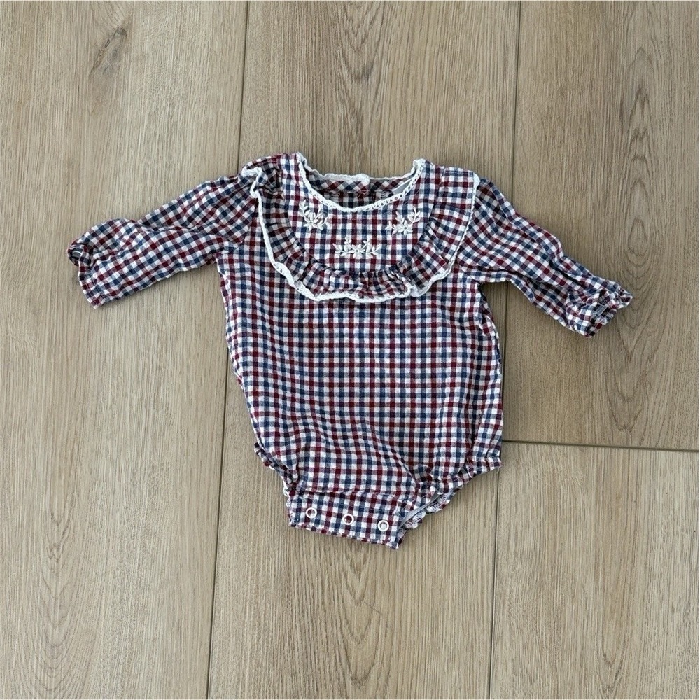 Nicole Miller‎ Gingham Ruffle Long Sleeve Romper Red Blue 0/3M Cotton Blend